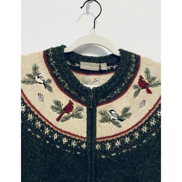 Croft And Barrow Cardigan Sweater Womens XL Green Embroidered Birds Silk Wool - Picture 2 of 8